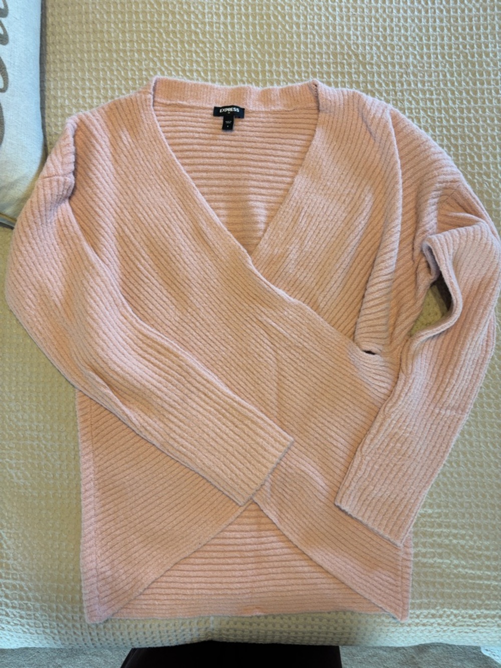 Express Pale Pink Ribbed Wrap V-Neck Sweater